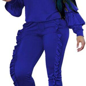 Elevate Your Activewear with Women's Royal Blue Ruffle Sleeve Tracksuit Set